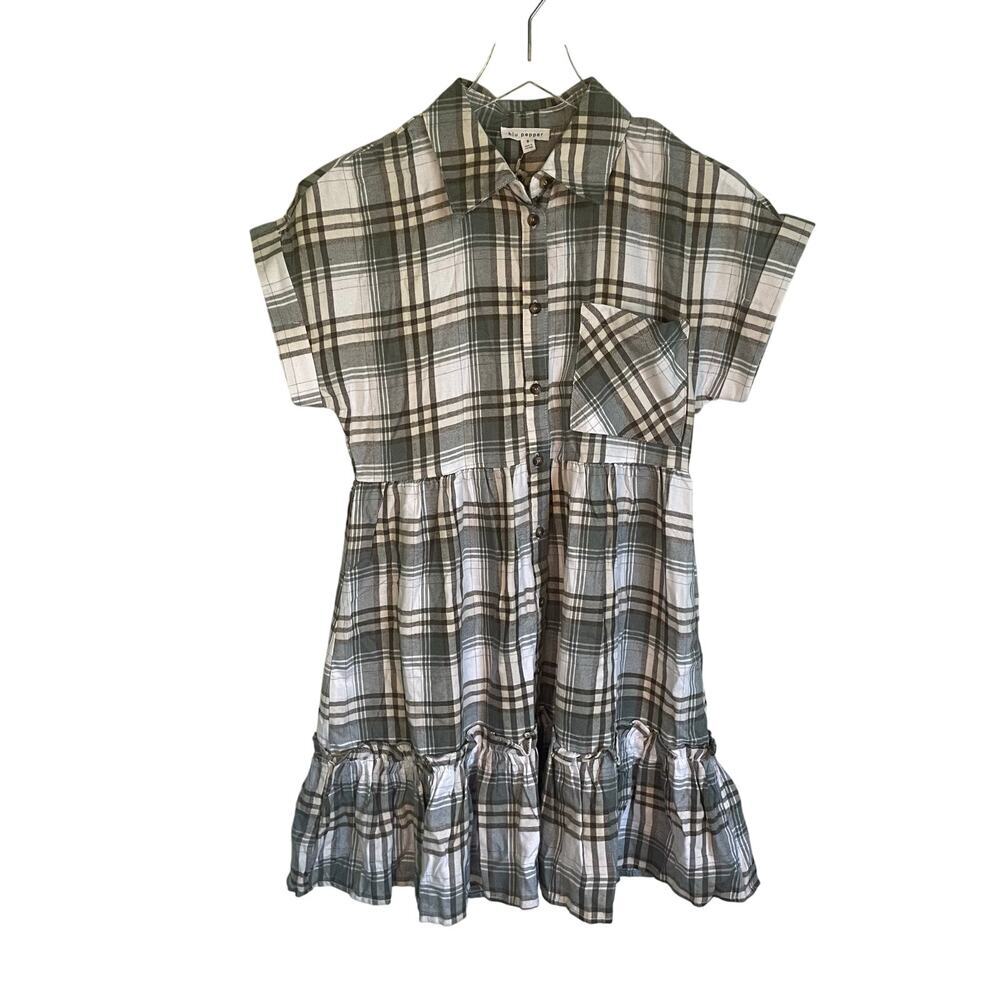 NWT Blu Pepper Anthro Green Plaid Short Sleeve Button Front Ruffle Dress Size S